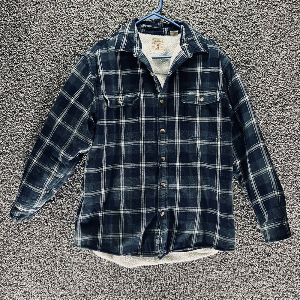 RED HEAD Blue Plaid Flannel Sherpa Fleece Lined Shacket Shirt Jacket Mens Large